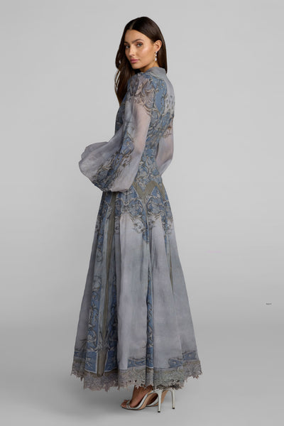 Gray Bishop Sleeve Printed Cotton A-Line Dress - Slate Blue