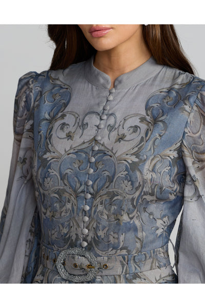 Gray Bishop Sleeve Printed Cotton A-Line Dress - Slate Blue