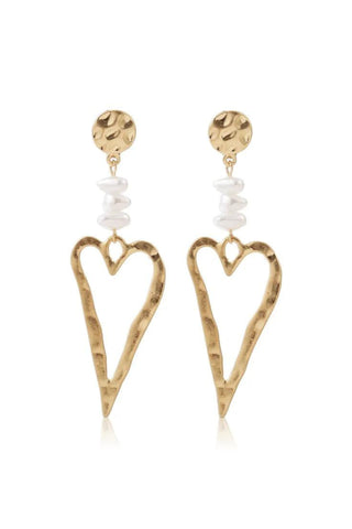 Hammered Metal Heart Earrings - Pearl Gold