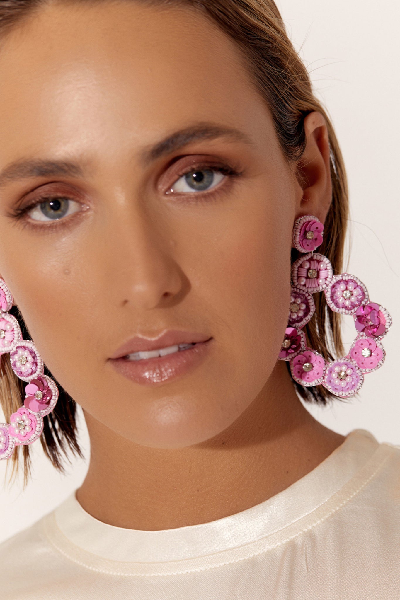 Hand Beaded Floral Event Earrings - Pink Pastel