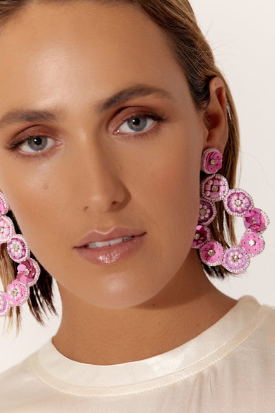 Hand Beaded Floral Event Earrings - Pink Pastel