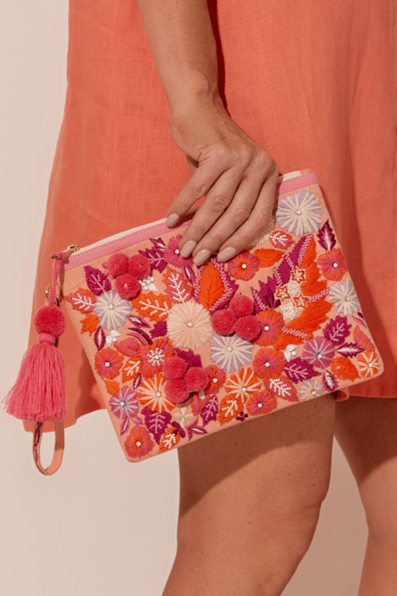 Hand Crafted Floral Zip Top Clutch - Hot Pink Multi
