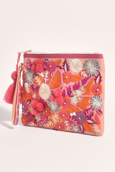 Hand Crafted Floral Zip Top Clutch - Hot Pink Multi