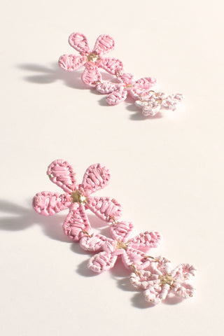 Hand Stitched Floral Drop Earrings - Pink