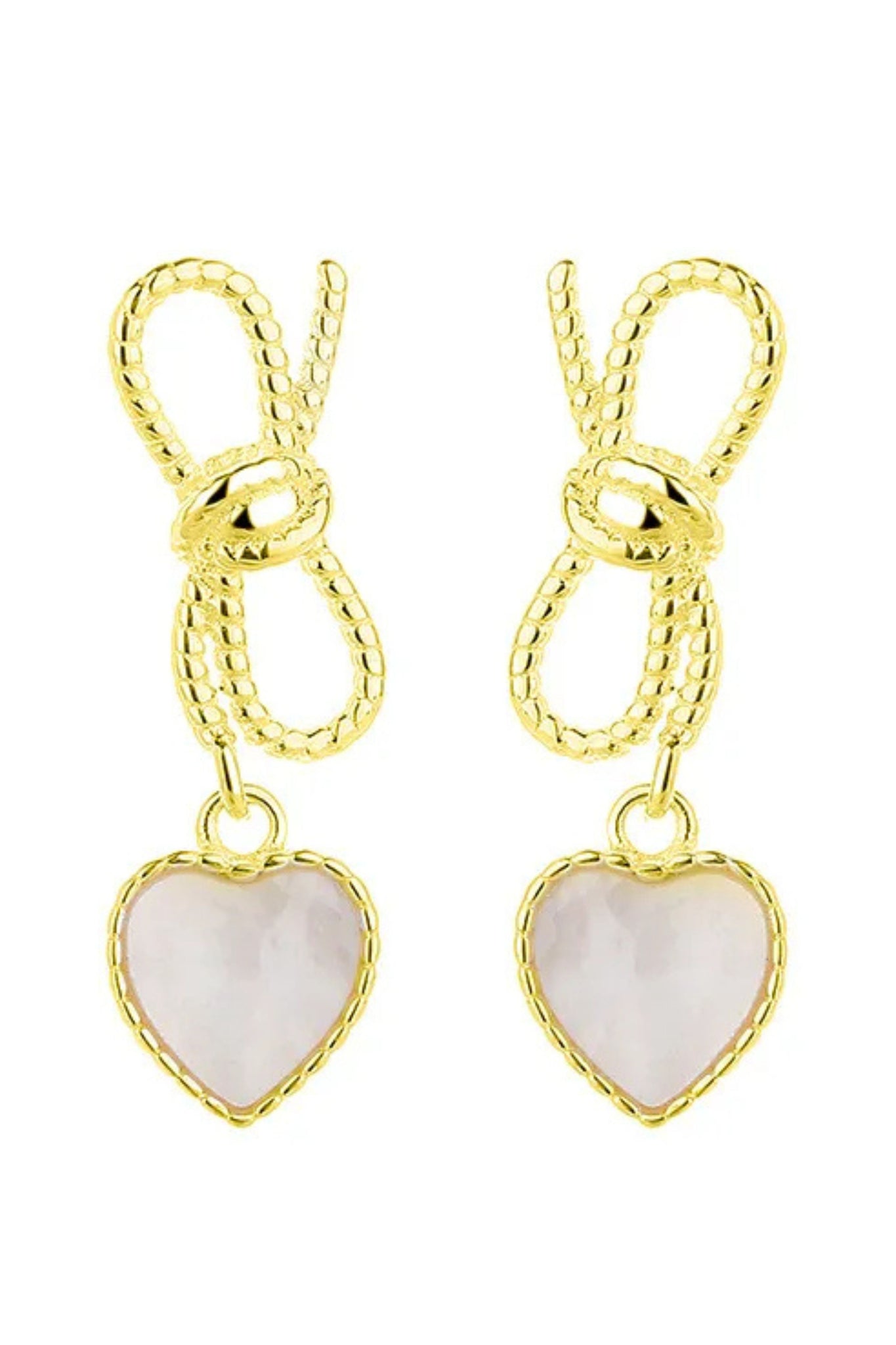 Dainty Bow and Heart Earrings - Gold