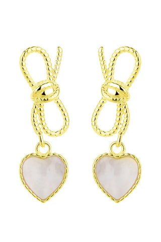 Dainty Bow and Heart Earrings - Gold