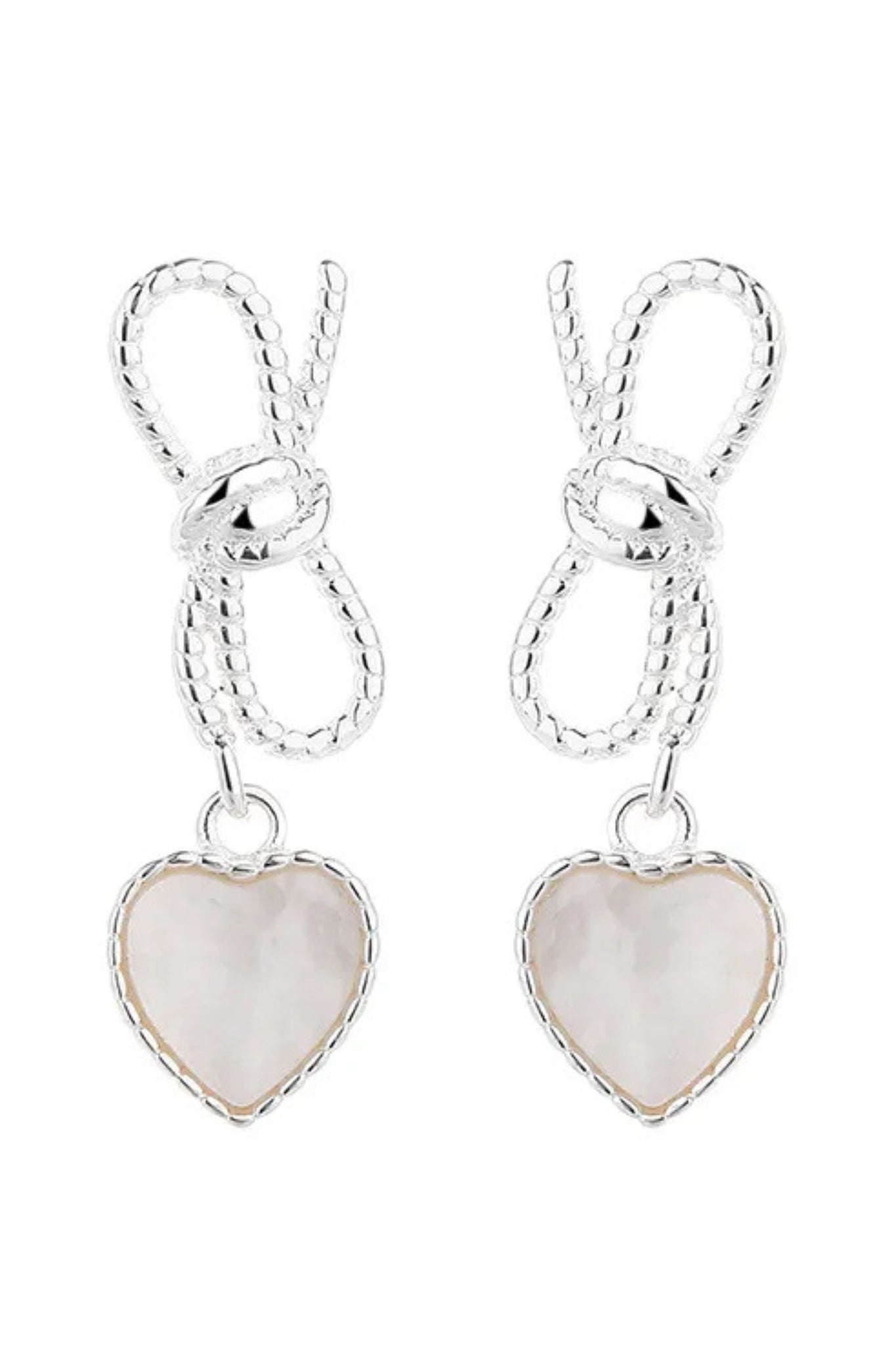 Dainty Bow and Heart Earrings - Silver