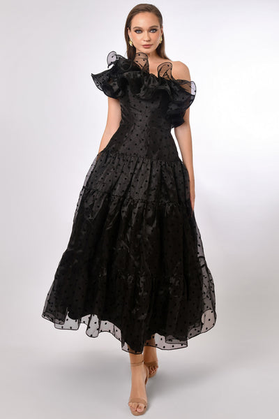 Imani Dramatic Frill Midaxi - Black Spot