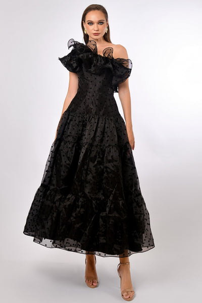 Imani Dramatic Frill Midaxi - Black Spot