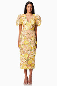 Indie 3D Flower Midi Dress - Yellow