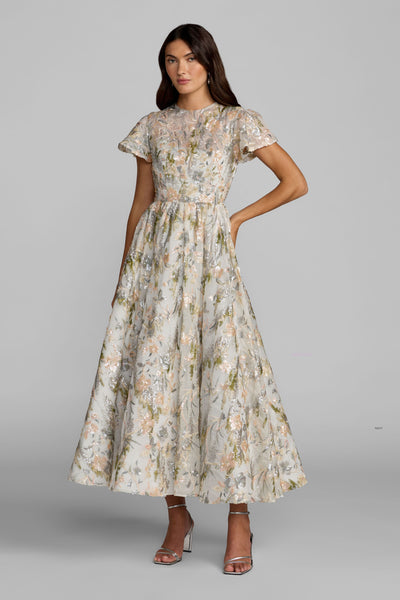 Ivory Flutter Sleeve Sequin A-Line Midi Dress - Oyster Multi
