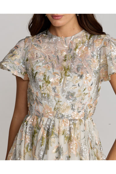 Ivory Flutter Sleeve Sequin A-Line Midi Dress - Oyster Multi