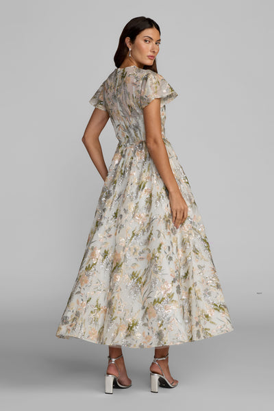 Ivory Flutter Sleeve Sequin A-Line Midi Dress - Oyster Multi