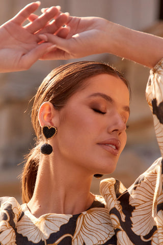 Jana Beaded Heart Earrings - Black