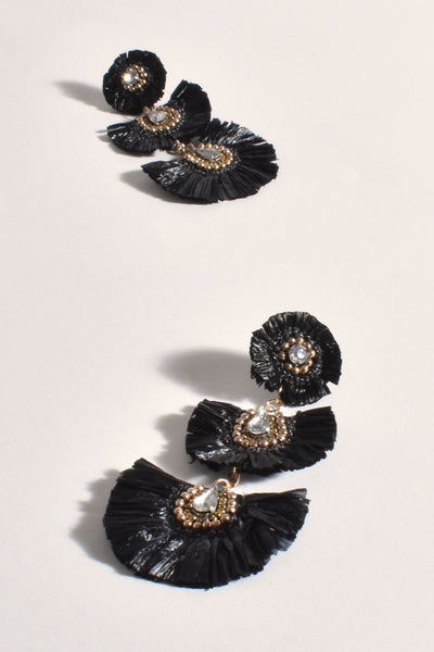 Jewelled Raffia Tiered Earrings - Black