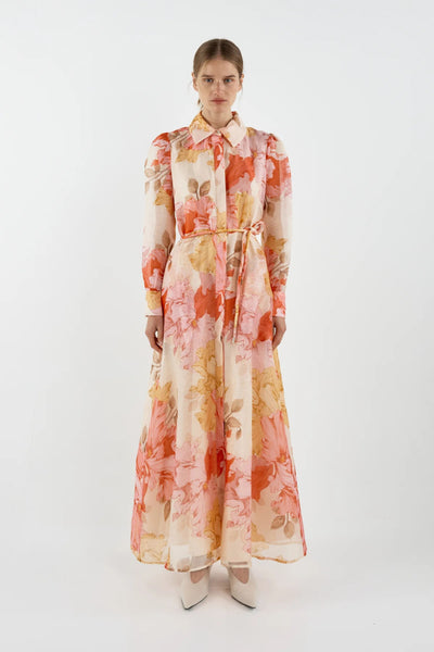 Julie Maxi Shirt Dress - Red Pink Floral