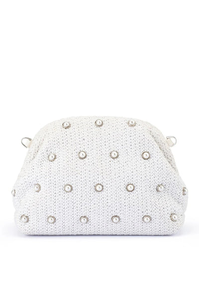 Kaia Studded Woven Clutch - White