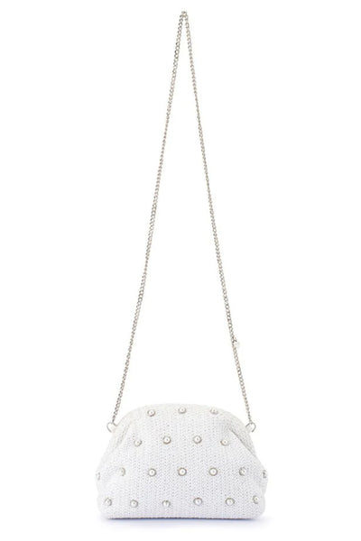 Kaia Studded Woven Clutch - White