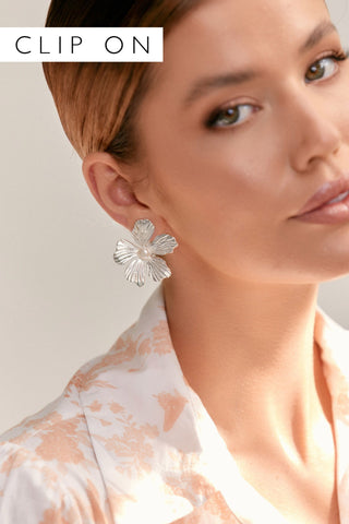 Kalani Metal Orchid Clip On Earrings - Silver