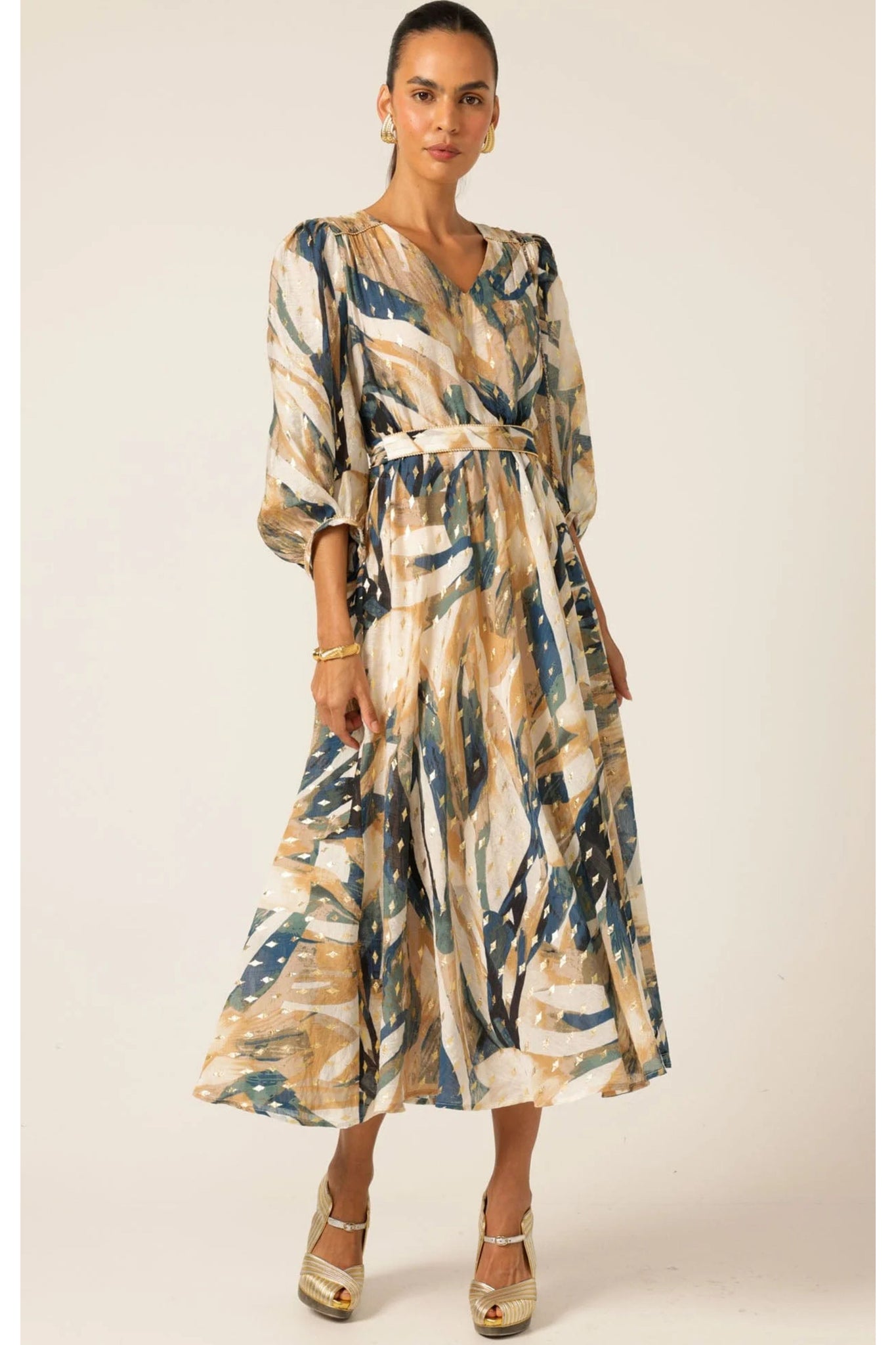 La Mer Midi Dress - Navy Sand Gold