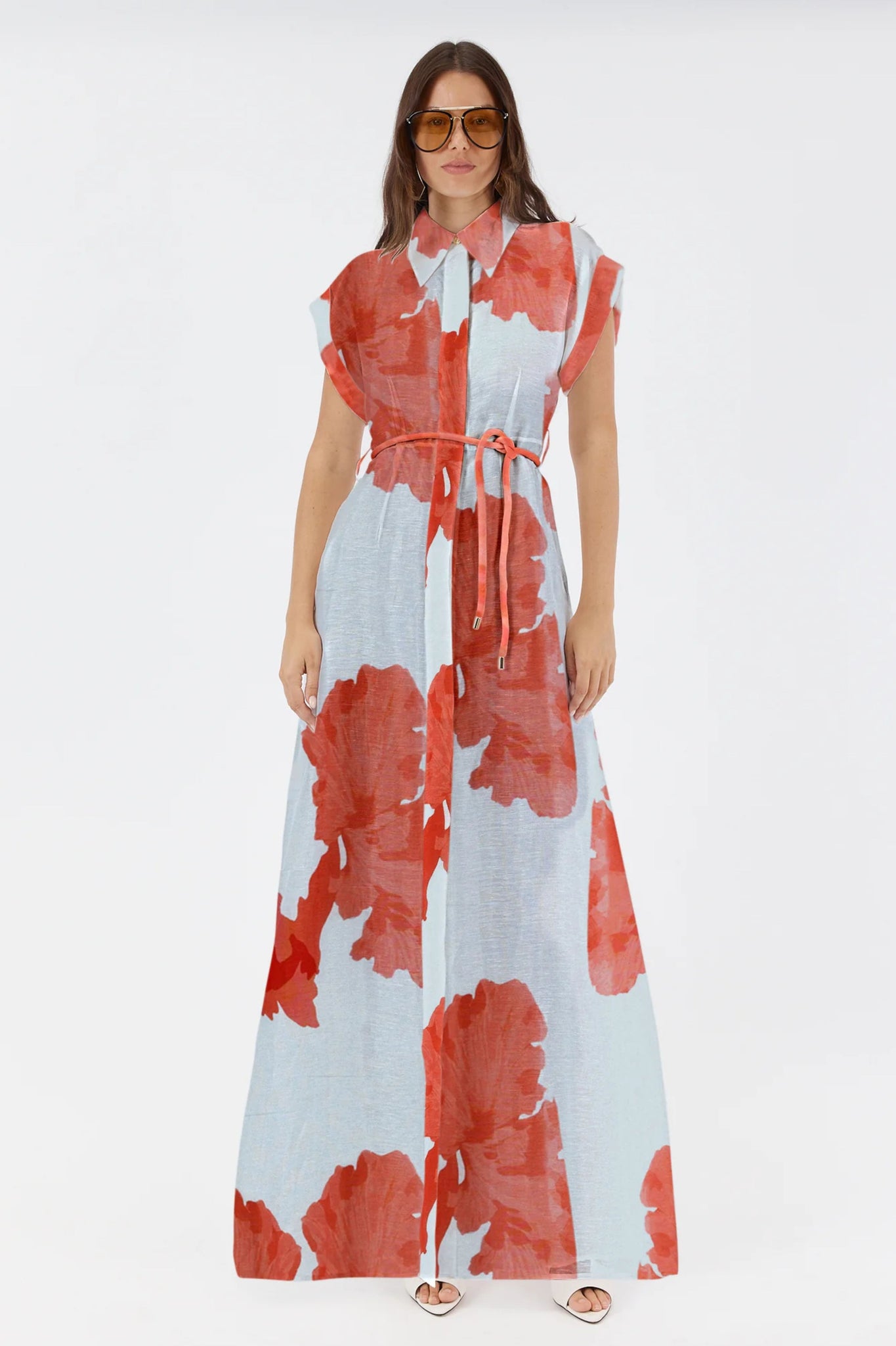 Leanne Silk Linen Maxi Shirt Dress - Red Foral Print