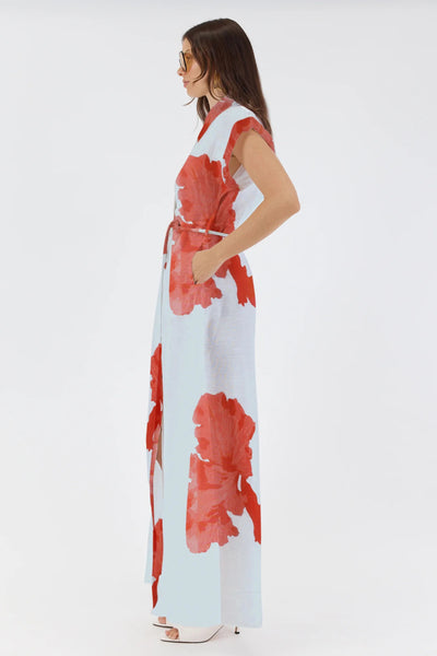 Leanne Silk Linen Maxi Shirt Dress - Red Foral Print