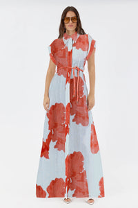 Leanne Silk Linen Maxi Shirt Dress - Red Foral Print