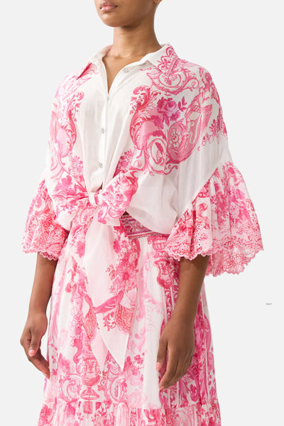 Tie Front Shirt with Sleeve Frill - Livin La Vida Rosa