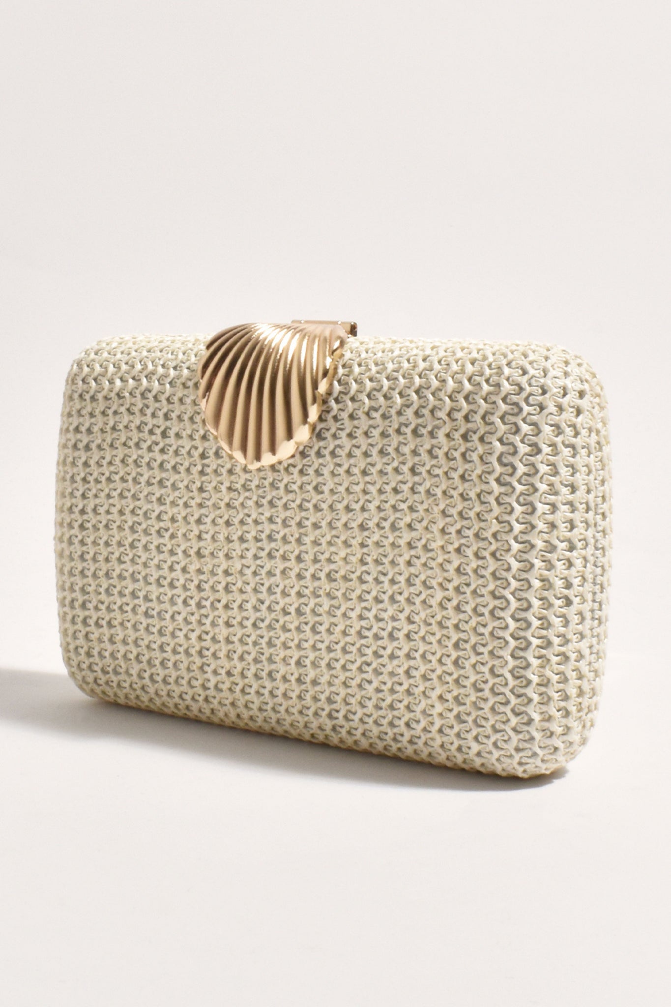 Livy Shell Clasp Woven Structured Clutch - Cream