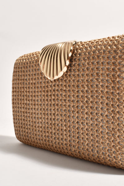 Livy Shell Clasp Woven Structured Clutch - Natural
