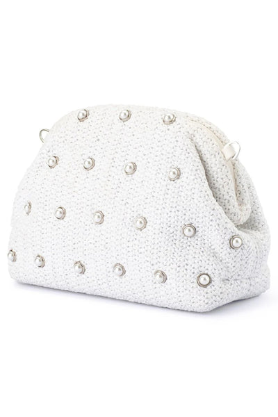Kaia Studded Woven Clutch - White