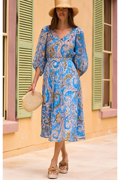 Los Padres Midi Dress - Sky Blue Paisley