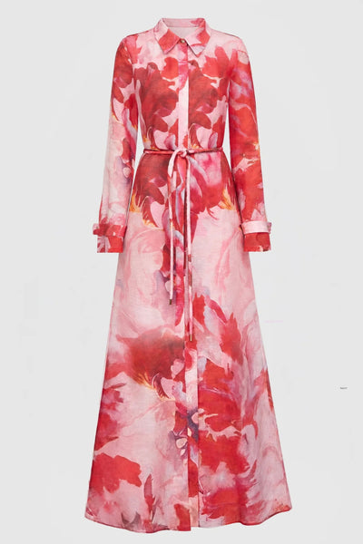 Louna Maxi Shirt Dress - Pink Red Floral
