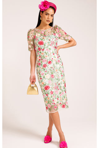 Mademoiselle Midi Dress - Pink Green Flower