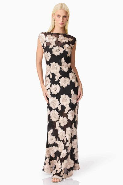 Margaux Fit and Flare Gown - Black Gold Floral