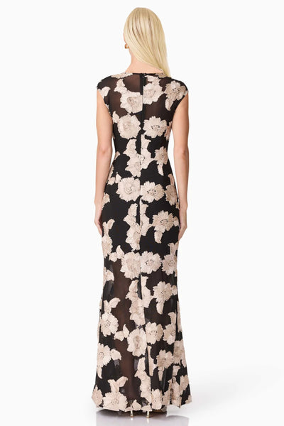 Margaux Fit and Flare Gown - Black Gold Floral