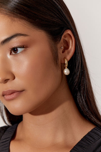 Marina Pearl Drop Chubby Hoops - Gold