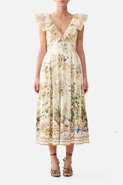 V Neck Frill Midi Dress - Midsummer Masterpiece