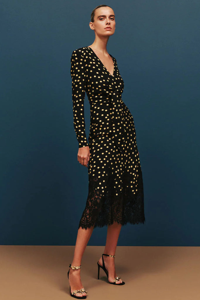 black dress with yellow polka dots Reformation polka dot dress. Black with yellow dots