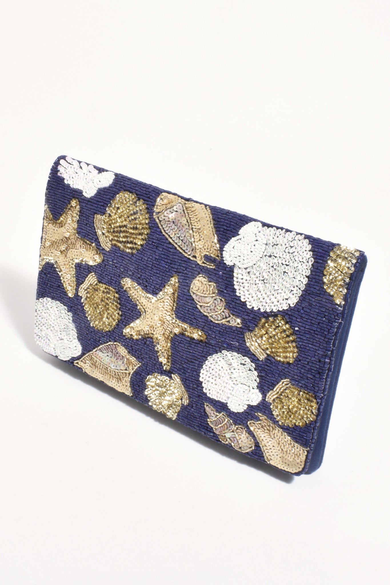 Miranda Seashells Sequinned Clutch -Navy Gold