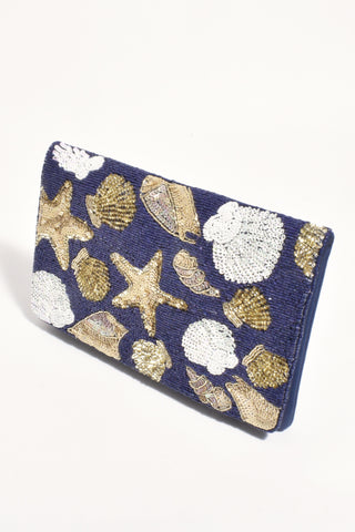 Miranda Seashells Sequinned Clutch -Navy Gold