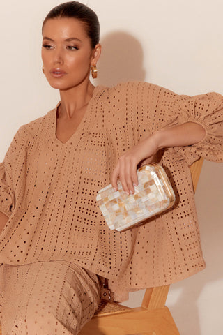 Mother of Pearl Structured Event Clutch - Cream Gold