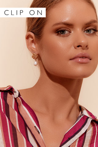 Organic Shape Pearl Drop Clip On Earrings - Gold Cream
