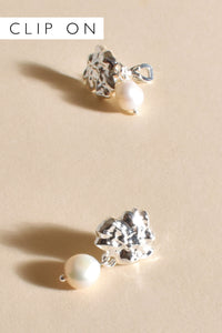 Organic Shape Pearl Drop Clip On Earrings - Silver Cream