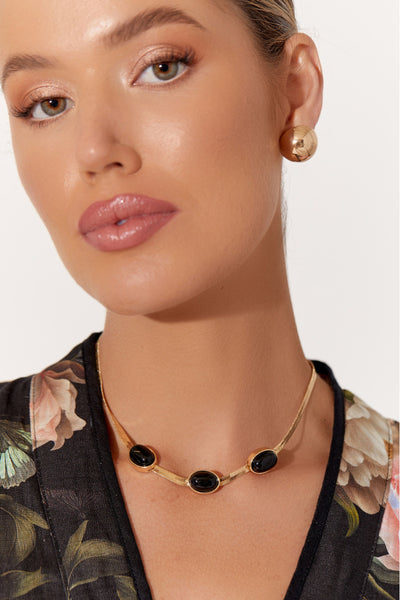 Oval Stone Front Collar Necklace - Black Gold