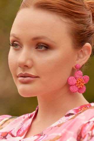Oversized Woven Flower Earrings - Magenta Orange