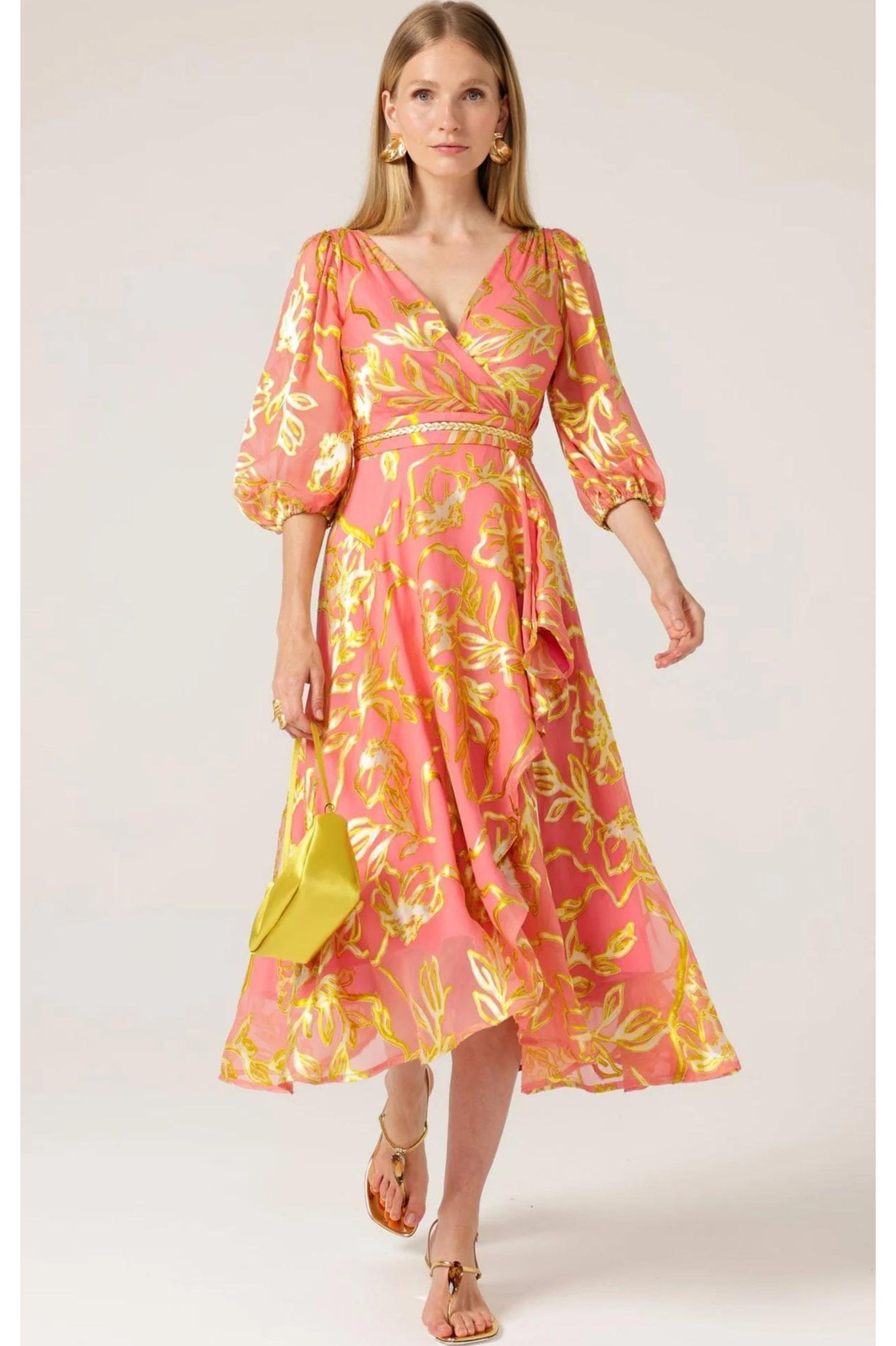 Peach Faced Wrap Dress - Peach Gold Flower