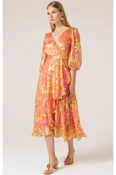 Peach Faced Wrap Dress - Peach Gold Flower