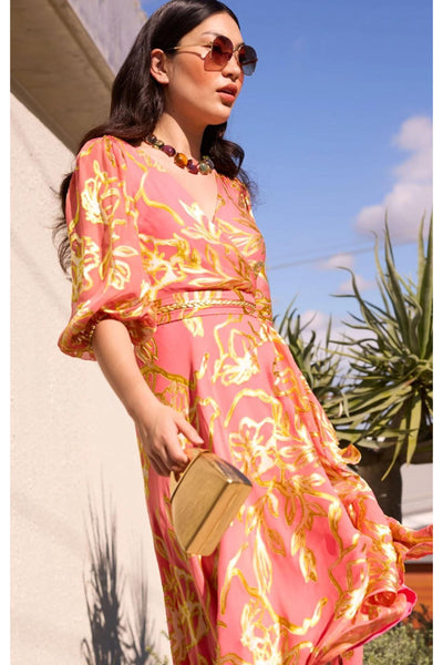 Peach Faced Wrap Dress - Peach Gold Flower