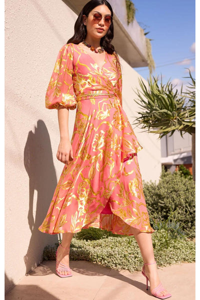 Peach Faced Wrap Dress - Peach Gold Flower